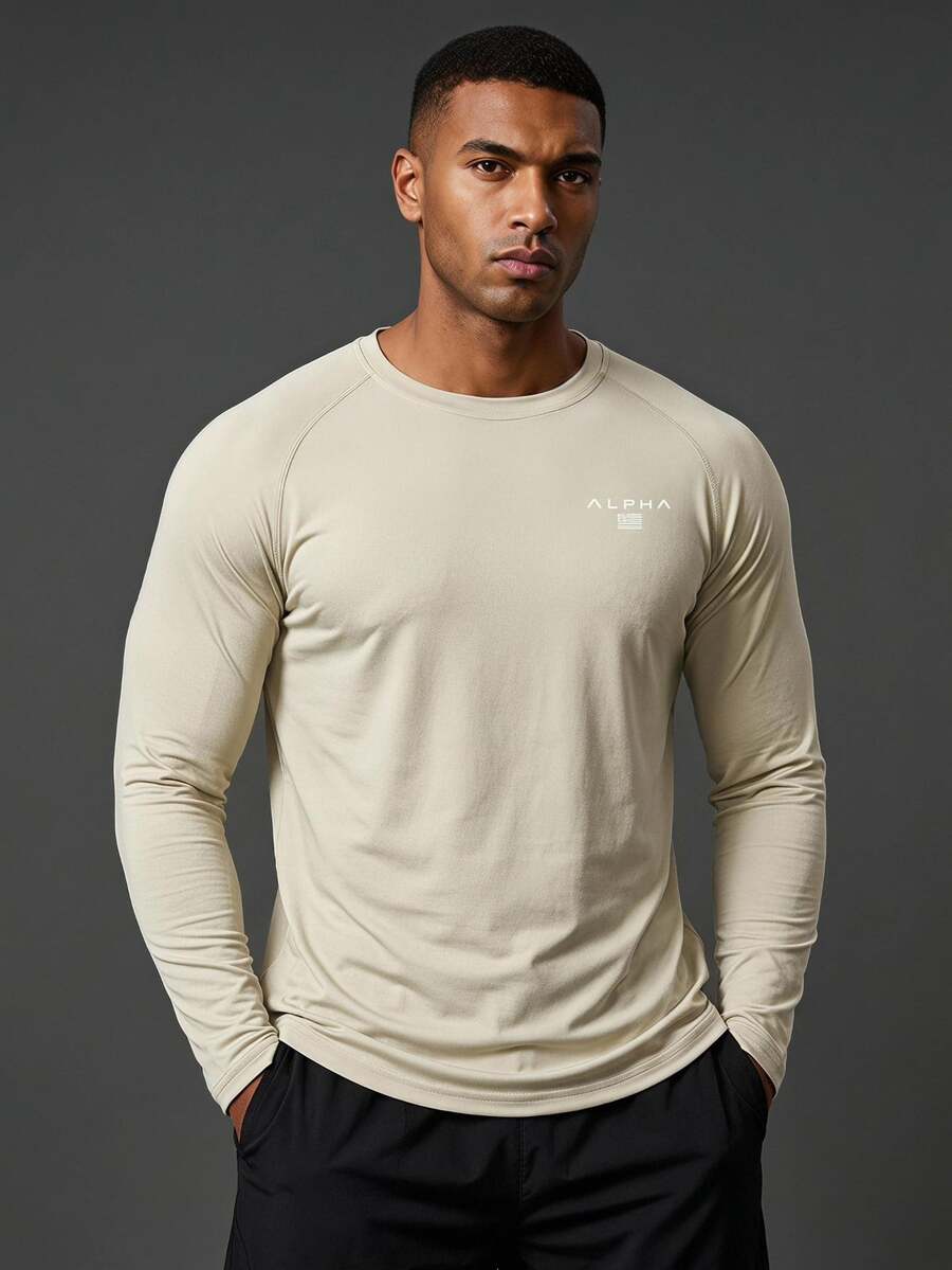 Coreblaze Men's Letter Print Raglan Sleeve Sports T-Shirt , Fall Crew Neck, Gym - Apricot - View 1