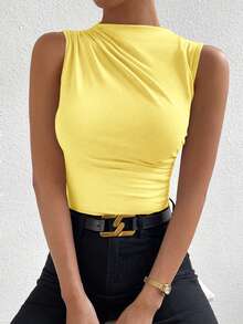 Zolique Solid Ruched Tank Top - Yellow - View 9