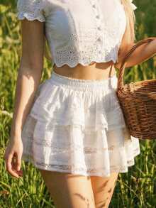 SHEIN ICON Women's Elegant Solid Color Lace Trim Skirt, Summer - White - View 9