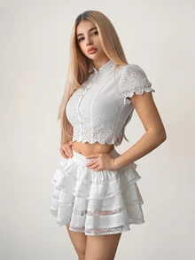 SHEIN ICON Women's Elegant Solid Color Lace Trim Skirt, Summer - White - View 3