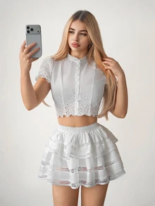 SHEIN ICON Women's Elegant Solid Color Lace Trim Skirt, Summer - White - View 5