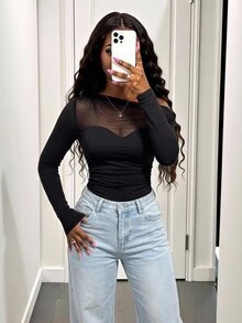 BamGleam Sexy Black Asymmetric Shoulder Mesh Patchwork Ruched Women's Bodysuit Fall Cloth For Women - Black - View 6