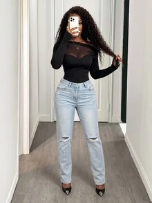 BamGleam Sexy Black Asymmetric Shoulder Mesh Patchwork Ruched Women's Bodysuit Fall Cloth For Women - Black - View 5