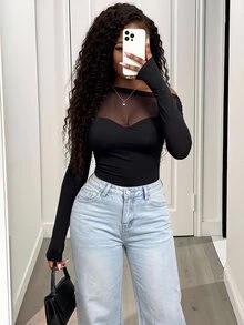 BamGleam Sexy Black Asymmetric Shoulder Mesh Patchwork Ruched Women's Bodysuit Fall Cloth For Women - Black - View 4