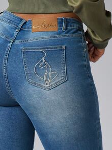 BABYPHAT High Rise Straight Leg Cropped Jeans With Gold Script Embroidery Cat Logo And Cuffed Hem Detail - Medium Wash - View 5