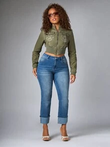 BABYPHAT High Rise Straight Leg Cropped Jeans With Gold Script Embroidery Cat Logo And Cuffed Hem Detail - Medium Wash - View 4
