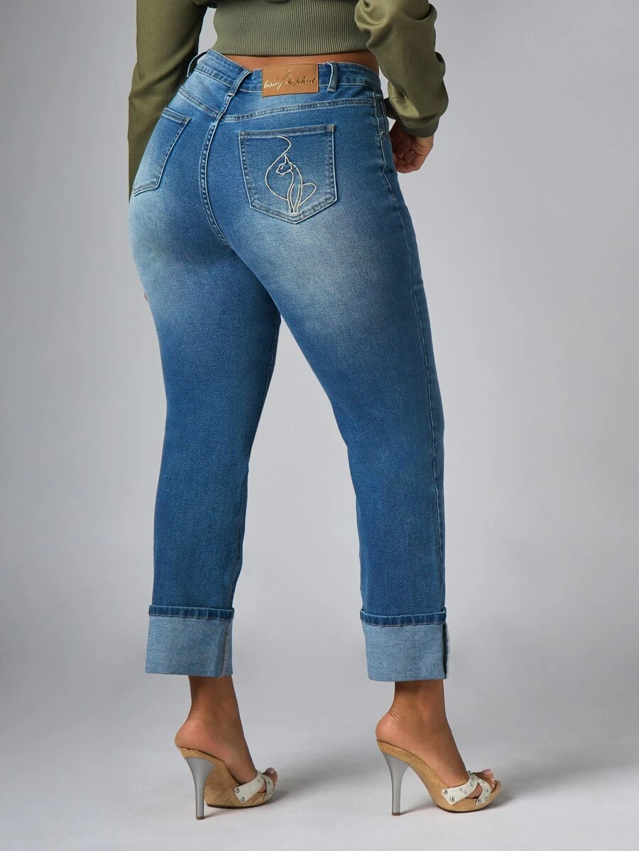 BABYPHAT High Rise Straight Leg Cropped Jeans With Gold Script Embroidery Cat Logo And Cuffed Hem Detail - Medium Wash - View 1