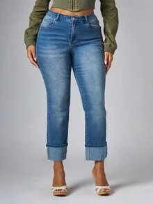 BABYPHAT High Rise Straight Leg Cropped Jeans With Gold Script Embroidery Cat Logo And Cuffed Hem Detail - Medium Wash - View 2