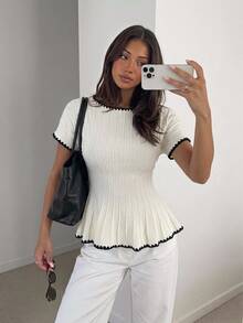 Siren Gaze Ivory Knit Short Sleeve Ruffle Hem Top, Autumn Casual Style, Knitted Knit Top - Apricot - View 4