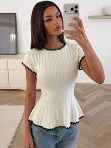 Siren Gaze Ivory Knit Short Sleeve Ruffle Hem Top, Autumn Casual Style, Knitted Knit Top - Apricot - View 5