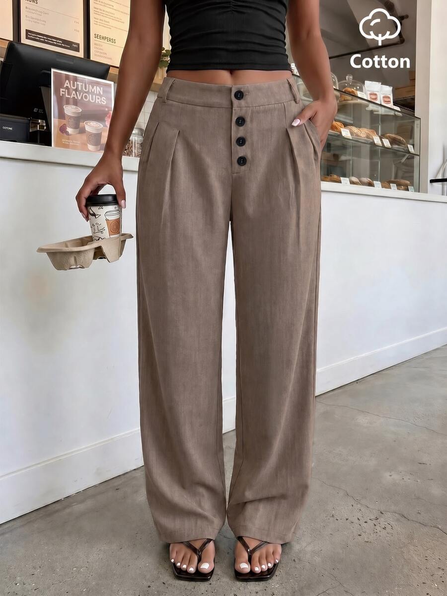 FavEase Women's Long Pants Button Workwear Casual Minimalist Straight Leg - Khaki - View 1