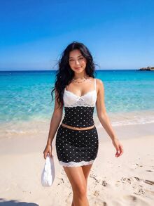 SHEIN ICON 性感黑白波点印花撞色蕾丝拼接钢圈文胸上衣和迷你裙两件套女装 - 黑與白 - 查看 5