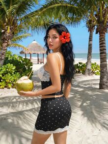 SHEIN ICON 性感黑白波点印花撞色蕾丝拼接钢圈文胸上衣和迷你裙两件套女装 - 黑與白 - 查看 2