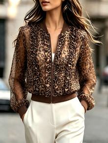 RosyDaze Women's Elegant Sexy Versatile Leopard Print Ruffle Trim Fitted Jacket Night Going Out Dark Brown Autumn - Brown - View 1