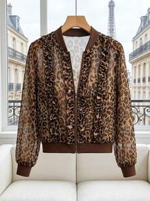 RosyDaze Women's Elegant Sexy Versatile Leopard Print Ruffle Trim Fitted Jacket Night Going Out Dark Brown Autumn - Brown - View 7