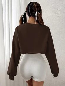 SHEIN EZwear 女款字母印花落肩長袖休閒短版運動衫 - 棕色 - 查看 2
