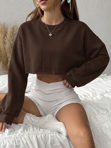 SHEIN EZwear 女款字母印花落肩長袖休閒短版運動衫 - 棕色 - 查看 6
