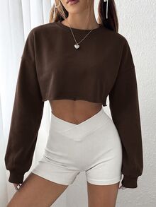 SHEIN EZwear 女款字母印花落肩長袖休閒短版運動衫 - 棕色 - 查看 4