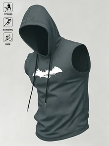 BATMAN X SHEIN Coreblaze 男士抽繩連帽休閒百搭日常旅行運動背心，健身房適用 - 灰色 - 查看 6