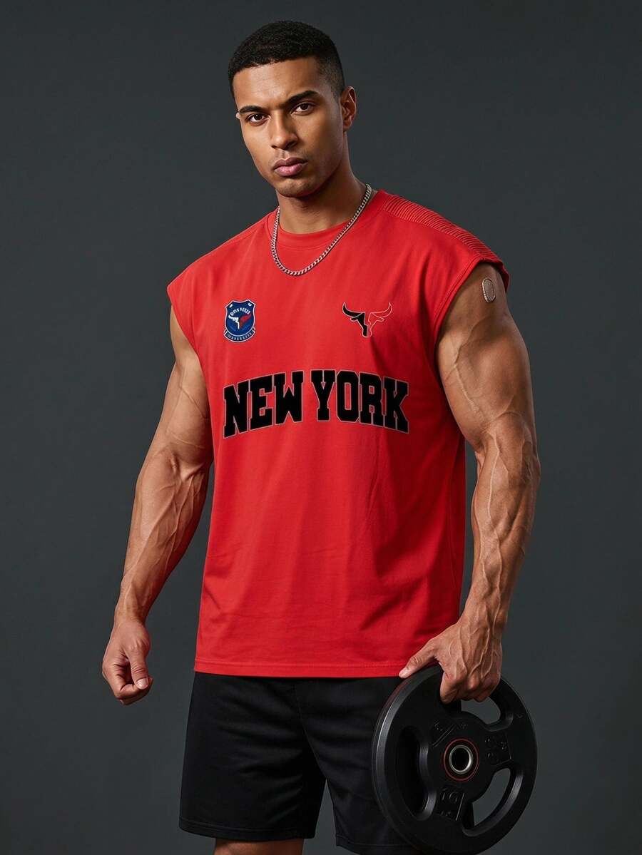 Coreblaze Reflective Line Minimalist Print Fitness Sleeveless Tank Top Men's Sports Muscle Training Running Loose Fit T-Shirt, Gym,Feel,Sporty Style - Red - View 1