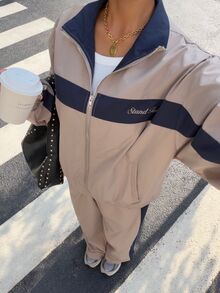 Muchica 2 Piece Set Woman Winter Fall Khaki And Navy Blue Letter-Print Drop-Shoulder Jacket And Elastic-Waist Trousers Set 2000s Style - Multicolor - View 4