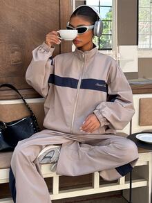 Muchica 2 Piece Set Woman Winter Fall Khaki And Navy Blue Letter-Print Drop-Shoulder Jacket And Elastic-Waist Trousers Set 2000s Style - Multicolor - View 1