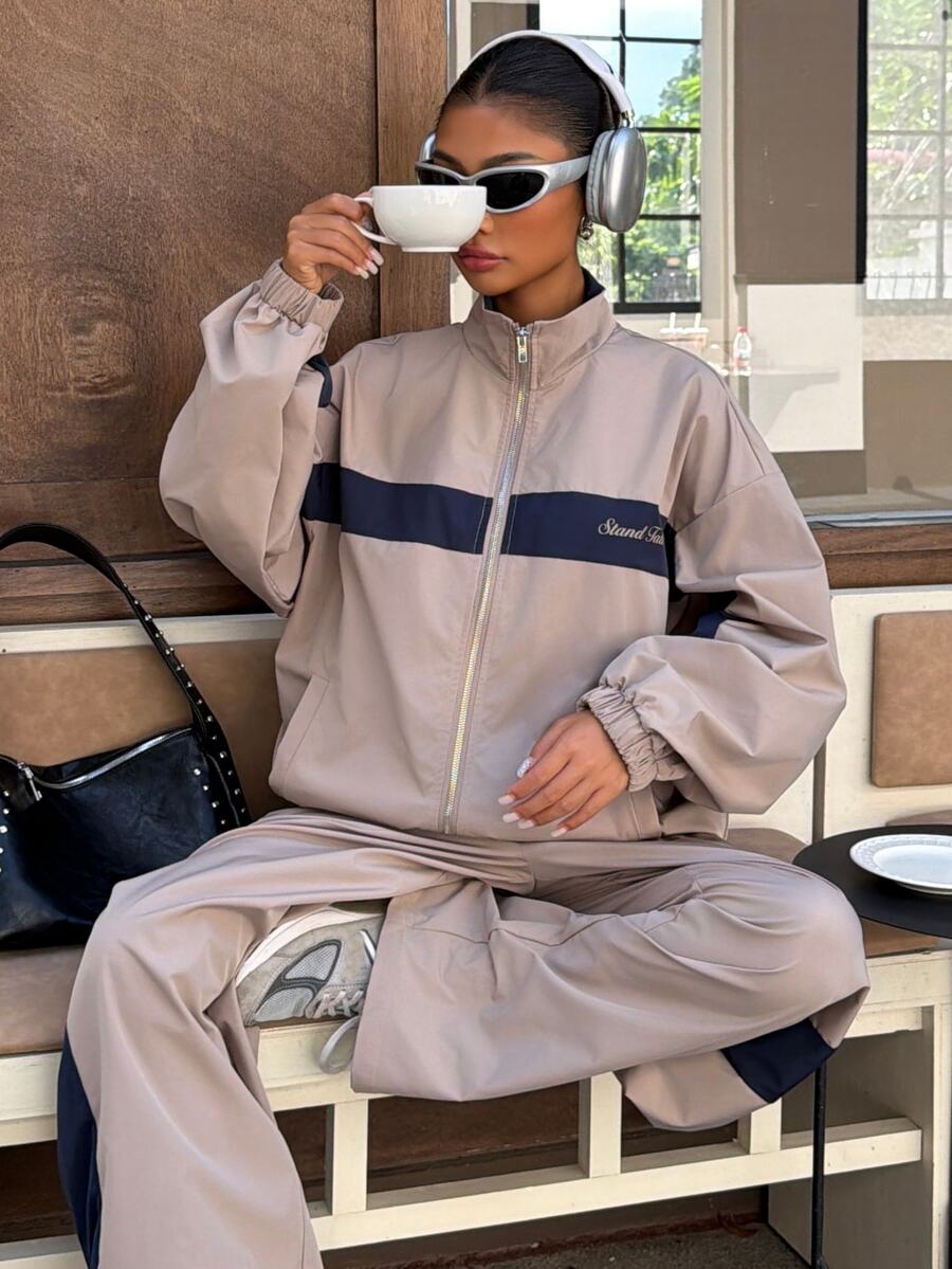 Muchica 2 Piece Set Woman Winter Fall Khaki And Navy Blue Letter-Print Drop-Shoulder Jacket And Elastic-Waist Trousers Set 2000s Style - Multicolor - View 1