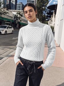 Cloudara Turtleneck Cable Knit Sweater - White - View 6