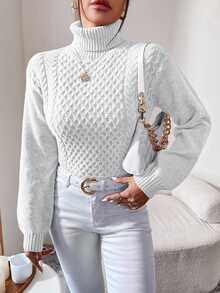 Cloudara Turtleneck Cable Knit Sweater - White - View 7