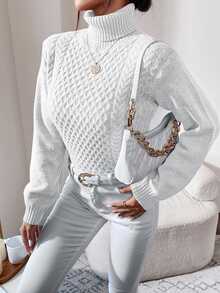 Cloudara Turtleneck Cable Knit Sweater - White - View 9