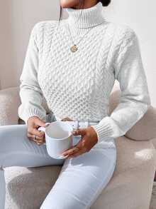 Cloudara Turtleneck Cable Knit Sweater - White - View 4