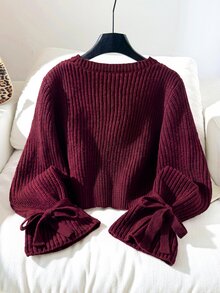 SHEIN Kids Young Girl Young Girl Loose Minimalist Round Neck Tie Sleeve Autumn Sweater, Knitted Ribbed Bow Pullover For Winter School Back-To-School - Burgundy - View 2