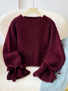 SHEIN Kids Young Girl Young Girl Loose Minimalist Round Neck Tie Sleeve Autumn Sweater, Knitted Ribbed Bow Pullover For Winter School Back-To-School - Burgundy - View 1