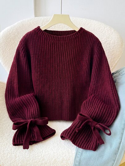 SHEIN كنزة صوفية فضفاضة بتصميم بسيط بياقة مستديرة وأكمام مربوطة للفتيات الصغيرات، كنزة محبوكة بأضلاع وفيونكة للارتداء في فصل الخريف والشتاء والمدرسة والعودة إلى المدرسة