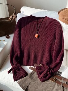 SHEIN Kids Young Girl Young Girl Loose Minimalist Round Neck Tie Sleeve Autumn Sweater, Knitted Ribbed Bow Pullover For Winter School Back-To-School - Burgundy - View 4