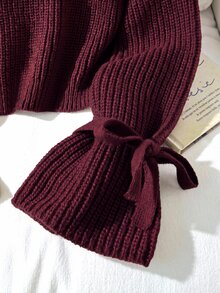 SHEIN Kids Young Girl Young Girl Loose Minimalist Round Neck Tie Sleeve Autumn Sweater, Knitted Ribbed Bow Pullover For Winter School Back-To-School - Burgundy - View 5