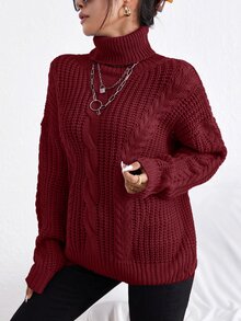 Cloudara Turtleneck Cable Knit Drop Shoulder Sweater - Burgundy - View 4