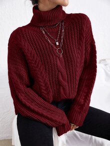 Cloudara Turtleneck Cable Knit Drop Shoulder Sweater - Burgundy - View 5
