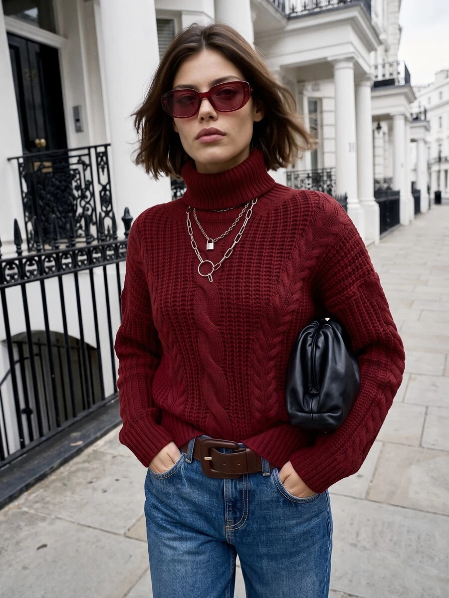 Cloudara Turtleneck Cable Knit Drop Shoulder Sweater - Burgundy - View 1