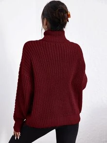 Cloudara Turtleneck Cable Knit Drop Shoulder Sweater - Burgundy - View 2
