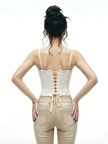 SHEIN ICON Sexy Lace Sheer Fitted Waist-Cinching Boned Tank Top For Women Party Night Out Off White Summer - Apricot - View 2