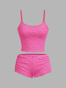 Sweetina Solid Color Camisole And Low-Waist Shorts Tight Sexy Set, Summer Pink Shorts Set - Hot Pink - View 5