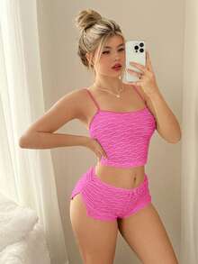 Sweetina Solid Color Camisole And Low-Waist Shorts Tight Sexy Set, Summer Pink Shorts Set - Hot Pink - View 3