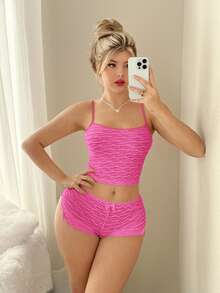 Sweetina Solid Color Camisole And Low-Waist Shorts Tight Sexy Set, Summer Pink Shorts Set - Hot Pink - View 2