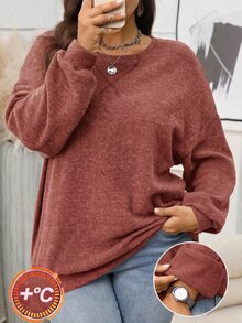 BrightlyHer Plus Size Autumn Casual Crew Neck Sweatshirt Winter - Coral Pink - View 2
