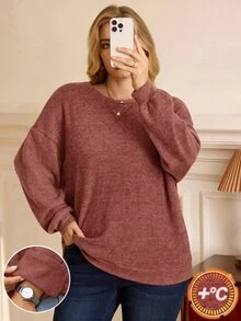 BrightlyHer Plus Size Autumn Casual Crew Neck Sweatshirt Winter - Coral Pink - View 3
