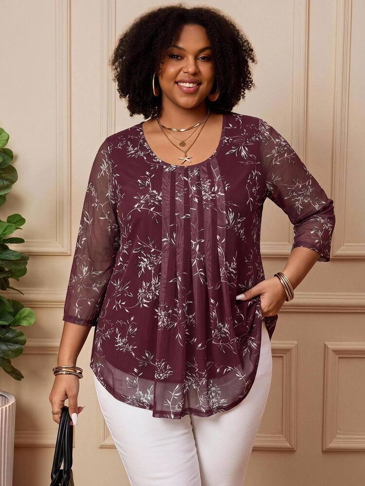 BrightlyHer Plus Size Women Floral Print 3/4 Sleeve Fold Pleated Blouse, Summer For Women - Burgundy - View 1