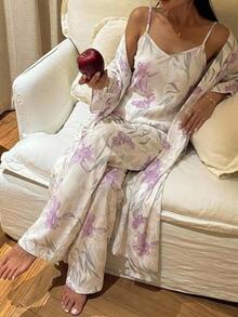 DAZY 3-Piece Women's Pajama Set With Floral Print Camisole, Straight Leg Long Pants And Long Robe - White - View 1
