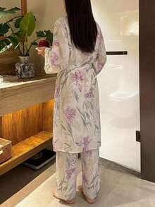 DAZY 3-Piece Women's Pajama Set With Floral Print Camisole, Straight Leg Long Pants And Long Robe - White - View 2
