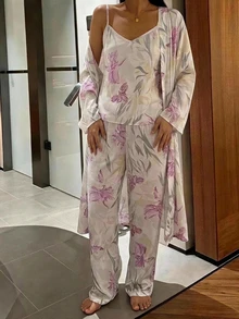 DAZY 3-Piece Women's Pajama Set With Floral Print Camisole, Straight Leg Long Pants And Long Robe - White - View 5